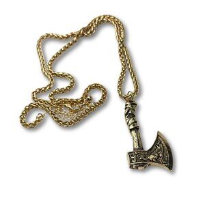Nordic Viking Axe Pendant Necklace | Gold Wolf & Raven Symbol Chain | Norse